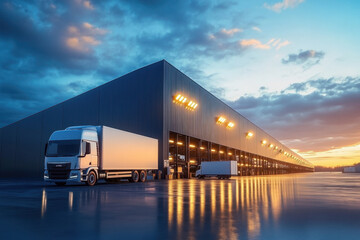 Fototapeta premium Stunning exterior of a modern warehouse featuring loading bays in blue and white at golden hour 