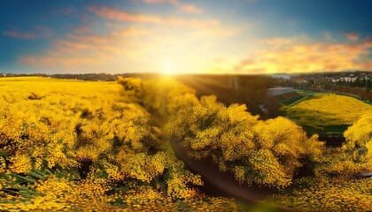 mimosa spring flowers nature background easter backdrop blooming mimosa tree over sunset sky yellow flower border art design with sun slow motion