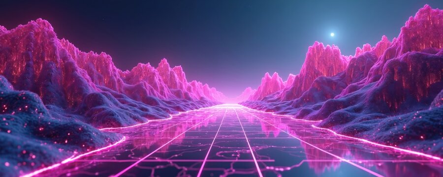 Abstract virtual reality violet cyberspace background shows unreal neon mountains landscape. Wireframe terrain with ultraviolet geometric rocks, digital field in matrix dimension. Futuristic - Powered by Adobe