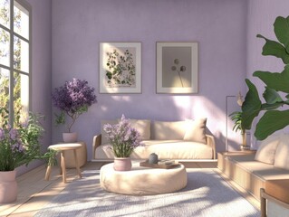 A brightly lit living room decorated in purple and cream
