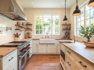 A spacious and elegant kitchen with modern appliances and wooden accents