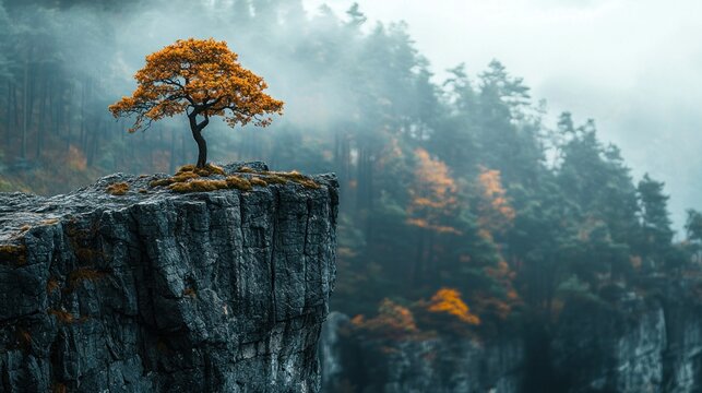 Solitary autumn tree atop misty cliff, serene forest backdrop