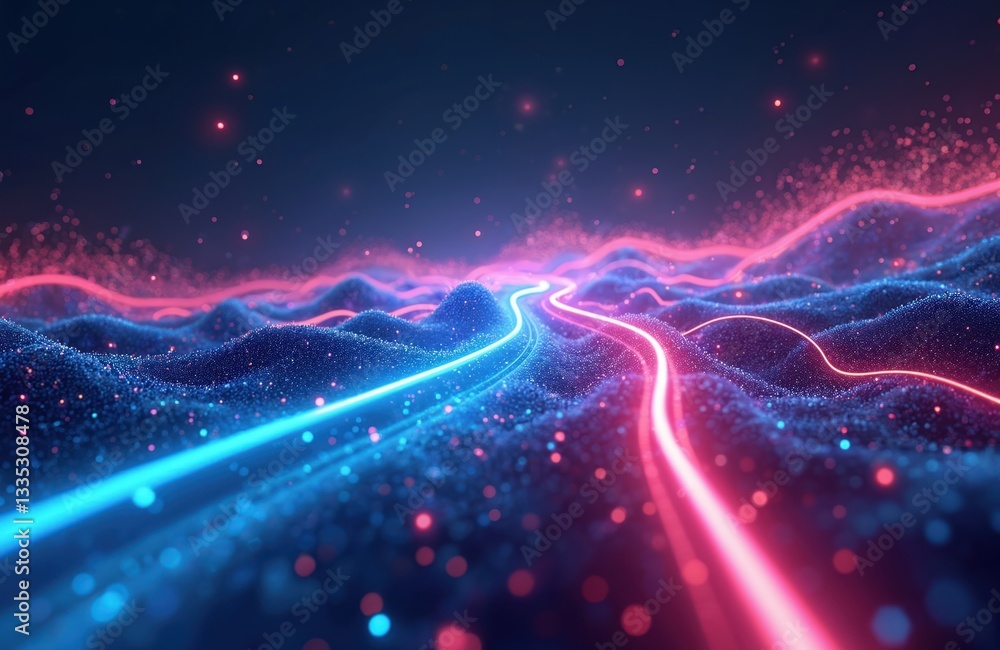 Aufkleber abstract digital landscape with bright lines and glowing particles represents futuristic tech, data 