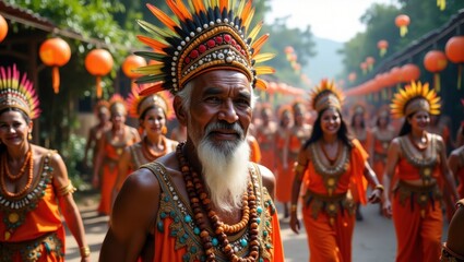 Fototapeta premium Anciano digno con un tocado tradicional vibrante y de diseño intrincado, adornado con plumas, cuentas y conchas