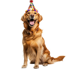 This image features a happy golden retriever dog wearing a colorful party hat, celebrating a birthday.
