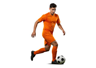soccer player kicking ball with orange kit
