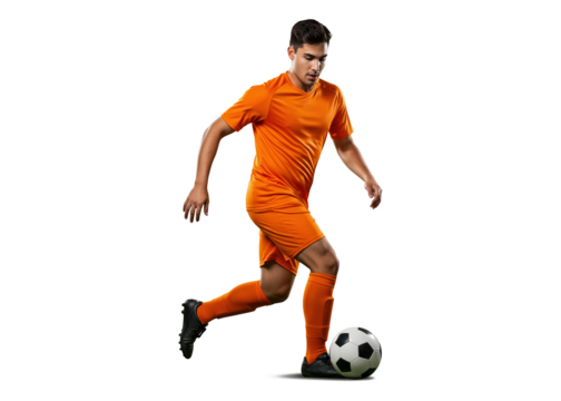 soccer player kicking ball with orange kit