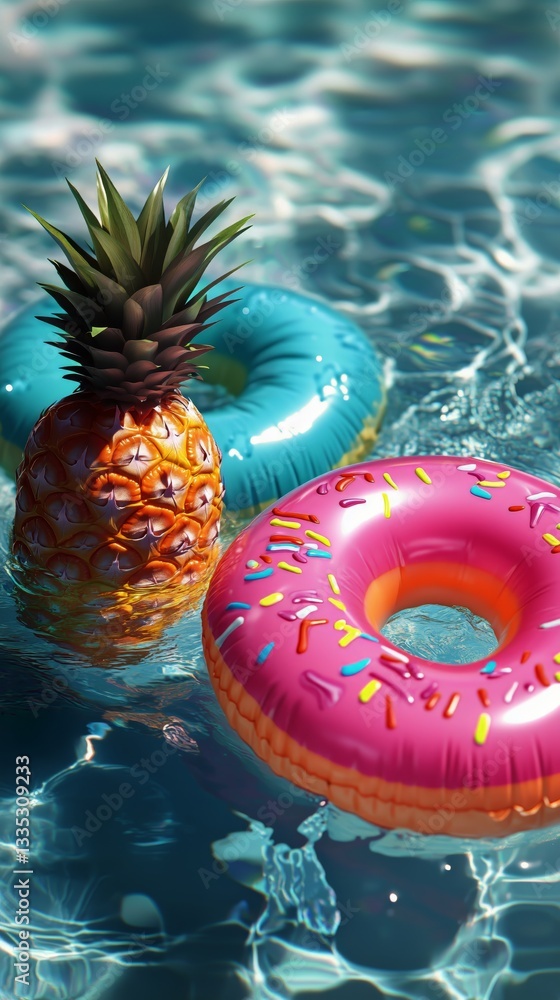 Poster bright summer fun with pineapple and donut float in a refreshing blue pool