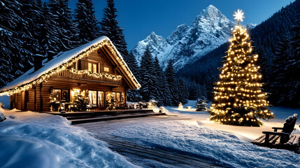 Wooden houses, Christmas string lights, a chilly snowy landscape, and glowing golden lights in the background make up this abstract Christmas winter panoramic banner. Energy-related themes