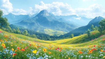 Fototapeta premium Serene Mountain Meadow: A Vivid Spring Landscape