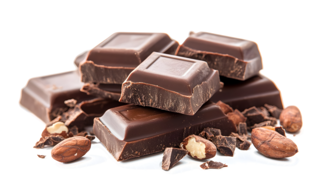 A pile of chocolate bars with nuts on top. Concept of indulgence and luxury, as the chocolate bars are piled high and surrounded by nuts, which are often associated with a healthy and nutritious snack