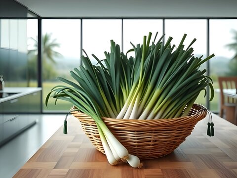 Basket of leeks on kitchen table.