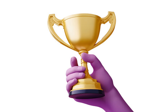 3d Hand holding a champion trophy cup winner success champion icon on isolated purple background. Achievement award, champion 1st winner award concept. Minimal Gold Trophy victory cup award. 3d render
