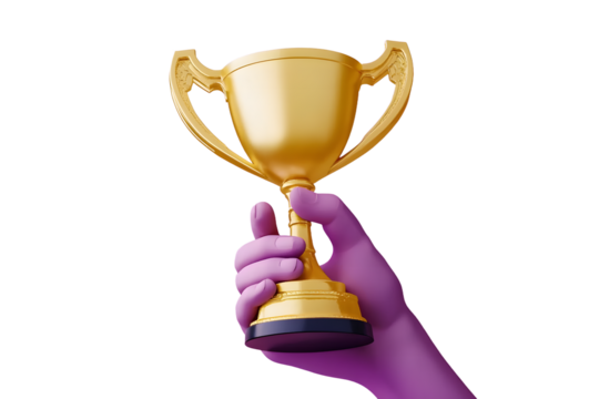 3d Hand holding a champion trophy cup winner success champion icon on isolated purple background. Achievement award, champion 1st winner award concept. Minimal Gold Trophy victory cup award. 3d render