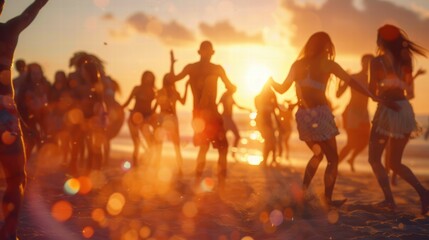 Friends silhouetted by a sunset, chatting and laughing at a beachside gathering.