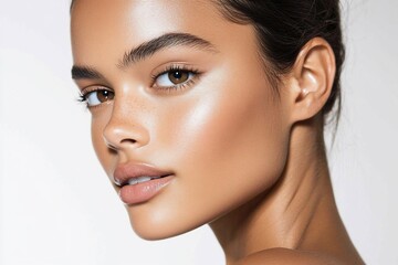 Naklejka premium Close-up portrait of a woman with sun-kissed skin, defined brows, and subtle makeup