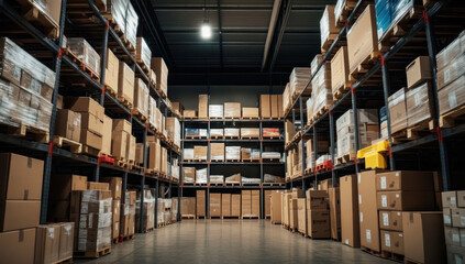 Obraz premium Big Retail Warehouse full of Shelves with Goods Stored on Manual Pallet Truck in Cardboard Boxes and Packages. Forklift Driving in Background. Logistics and Distribution Facility for Product Delivery