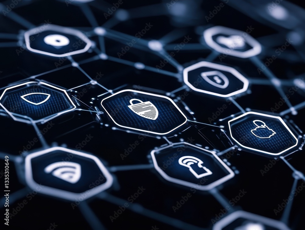 Poster abstract digital security icons interconnected on a dark background