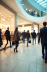 Blurred motion captures people shopping at mall. Men, women walk in rush at retail shops, explore stores. Defocused crowd at shopping center. Modern consumerism, sale hours, busy lifestyle. Interior