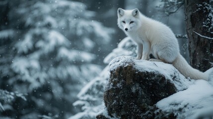 Obraz premium A white fox perched on a rock in a snow-covered forest, its fur blending seamlessly with the icy surroundings.