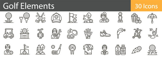 Golf Elements Line Icons Set. Collection of 30 outline icons representing golf equipment, tools, and game-related elements. Editable stroke vector illustration.
