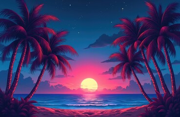 Illustration of sea sunset with neon palm trees on beach. Tropical landscape in vibrant electric colors. Exotic seaside view at night. Summer party design or futuristic travel background.