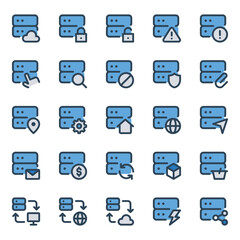 Filled blue outline icons set for Database and Server.