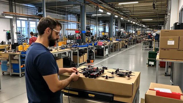 Man assembling drones in a modern factory with machinery and products in the background