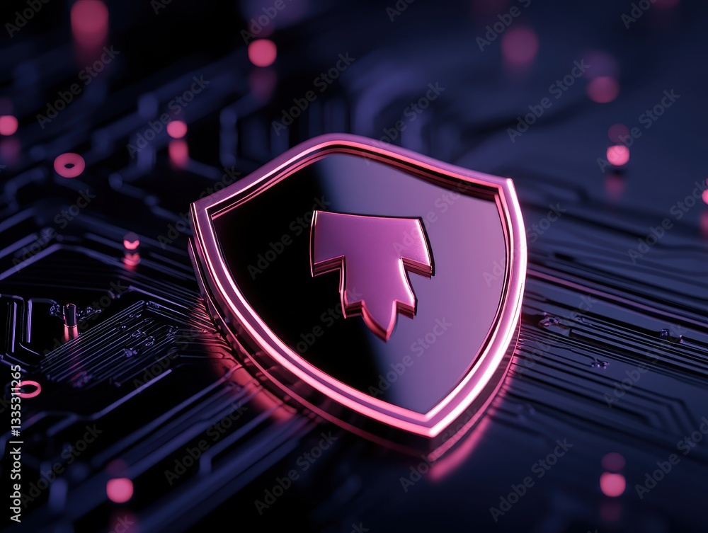 Poster futuristic shield emblem on a digital circuit background with glowing elements