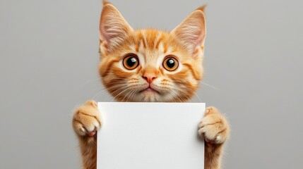 A cat holding up a white square empty canvas in his paws. Space for text.