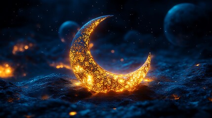 Fototapeta premium Shimmering Golden Crescent Moon Against a Starry Sky with Distant Planets