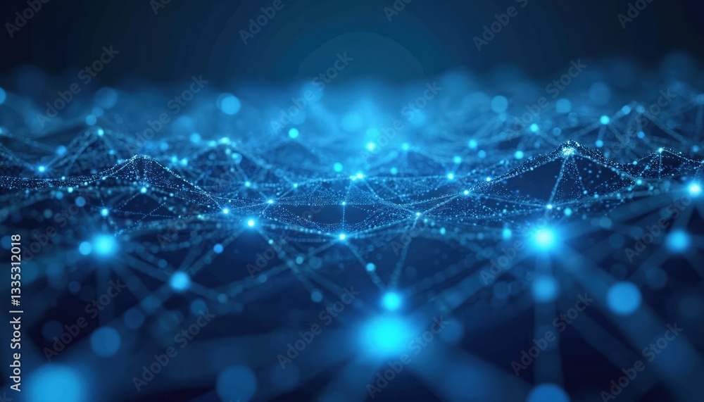 Poster abstract blue background shows glowing connections, network lines. digital tech represents global co