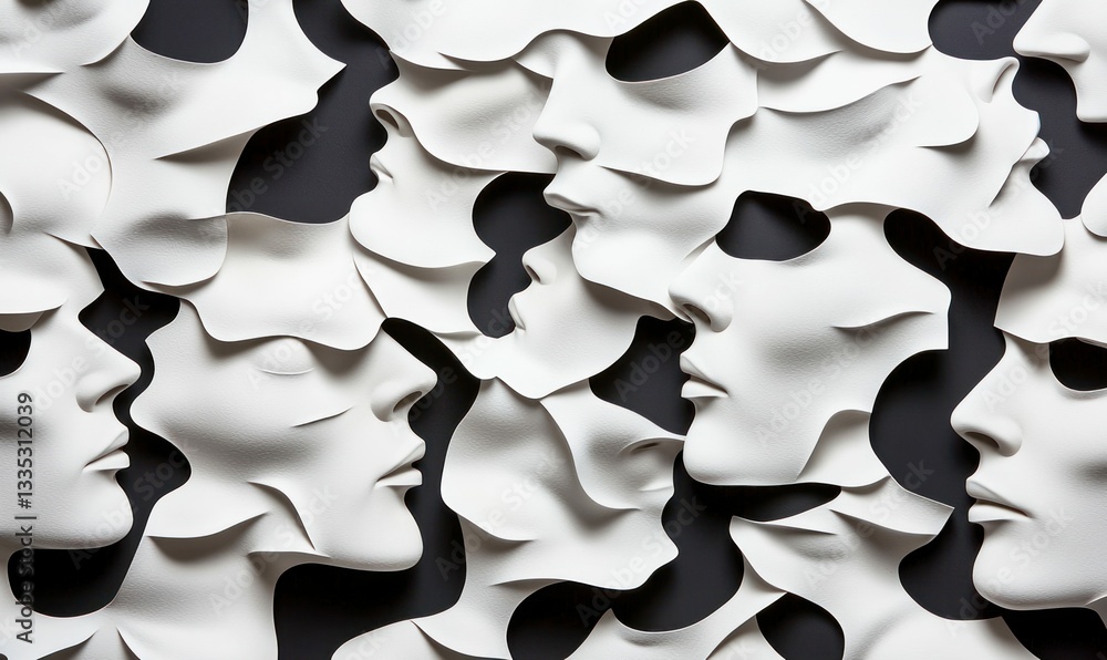 Poster an array of white face masks creates an abstract textured pattern against a muted gray background.