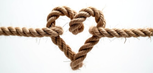 Rope knot in heart shape isolated on white backdrop. Strong cord tied shows love symbol. Valentines concept for wedding cards, romantic events, dating app design. Relationship strength sign.