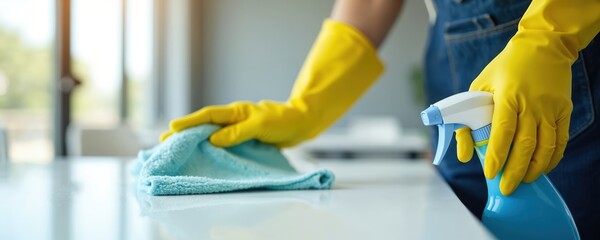 Close-up of person in yellow gloves disinfecting table using sanitizer spray, microfiber cloth. Cleaning service wiping desk with disinfectant liquid, antibacterial surface treatment, infection