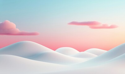 Obraz premium Soft pink clouds drift over serene, rolling white hills at sunset, a dreamy pastel landscape.