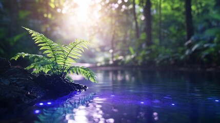 Fototapeta premium Serene forest stream, fern by calm water