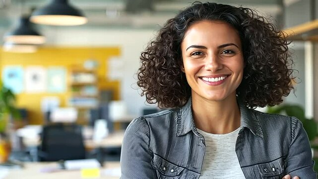 Confident female entrepreneur thriving in a dynamic, innovative workspace.