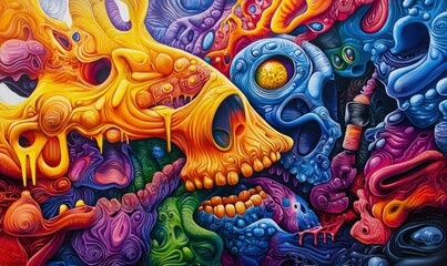 Fototapeta premium A vibrant, surreal pattern of skulls and organic shapes creates a psychedelic and dreamlike aesthetic.
