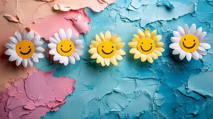 Colorful daisies with smiley faces arranged on a textured blue and pink background bring joy and creativity to any space
