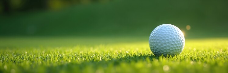 Obraz premium Close-up golf ball sits green grass golf course. Sharpened background. Pro sport. Leisure activity equipment. Precision, success concept. Copy space shot for sport recreation. Healthy lifestyle