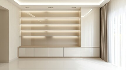 A luxurious wall unit with glossy white lacquered panels and light ash wood shelving