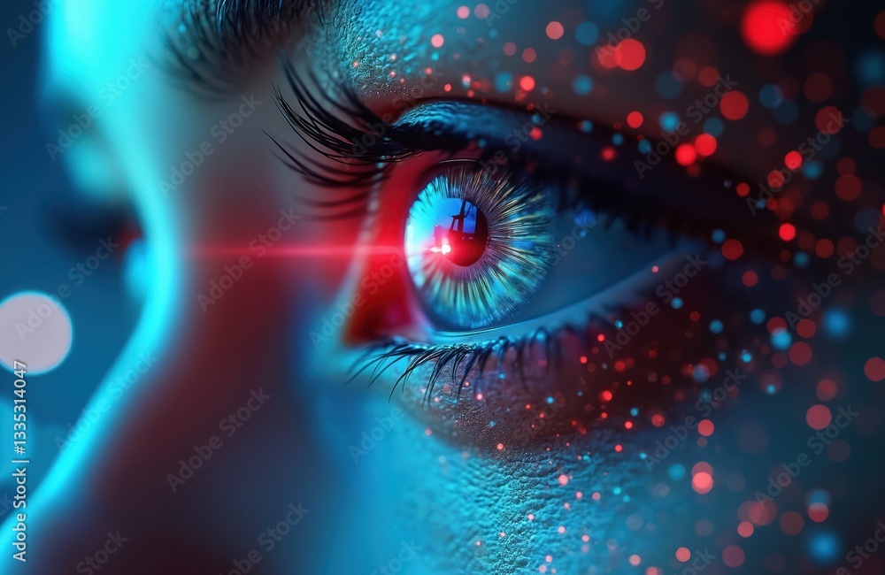 Poster Eye with digital laser ray and bokeh lights. Artificial intelligence, neural network, machine learning, data science, digital tech, modern technology, hi-tech concept, science fiction future.