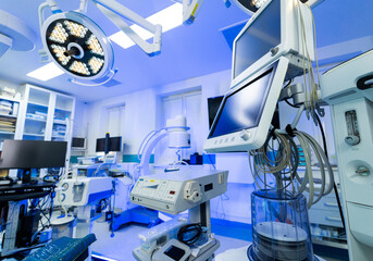 Neurosurgery OR setup. Modern operating room equipped for neurosurgery with advanced technology and...