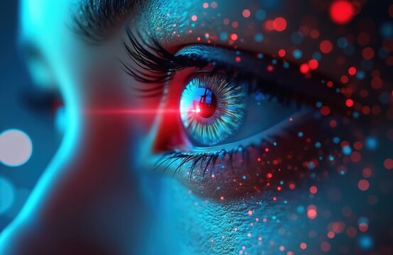 Eye with digital laser ray and bokeh lights. Artificial intelligence, neural network, machine learning, data science, digital tech, modern technology, hi-tech concept, science fiction future.