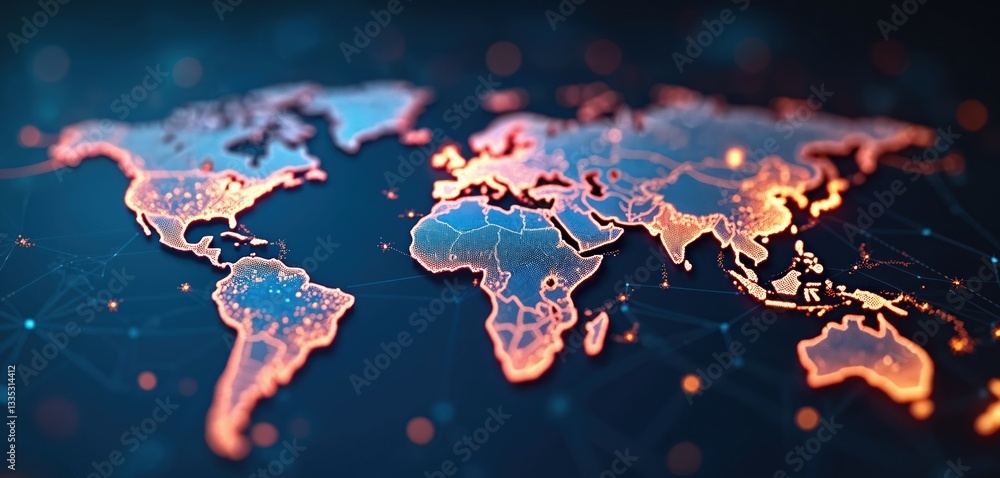 Aufkleber Futuristic glowing digital world map with nodes represents business locations, travel routes. Graphic of global network connections, destination point on continents, cyberspace navigation system.