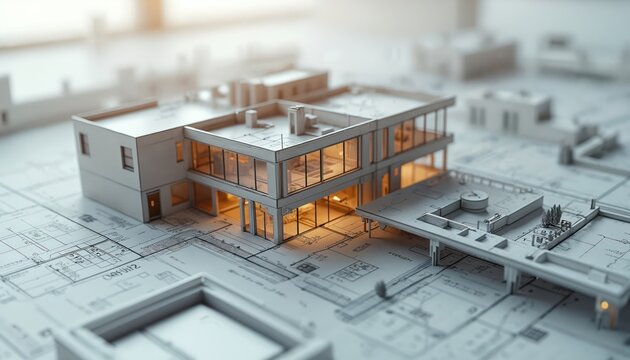 3D architectural model stands on detailed blueprints displaying building layout, intricate design, structural plans. Ideal for building design, architecture presentation, building construction, floor - Powered by Adobe