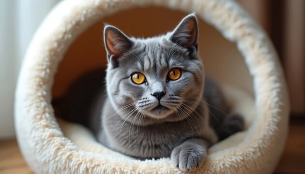 Scottish gray cat resting in fluffy cat bed indoors. Domestic animal portrait close-up. Yellow eyes. Cute kitten relaxing in cozy pet house. Minimal room interior design. British shorthair breed in