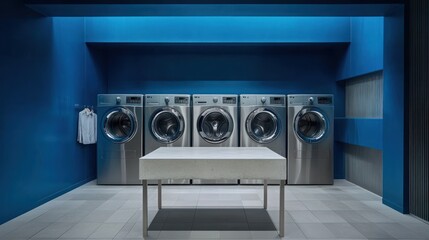 Modern laundry room, apartment building, stainless steel washers, folding table, blue walls
