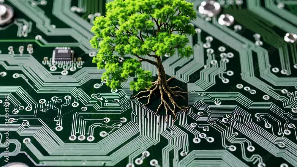 Poster tree growing from electronic circuit board representing nature and technology concept